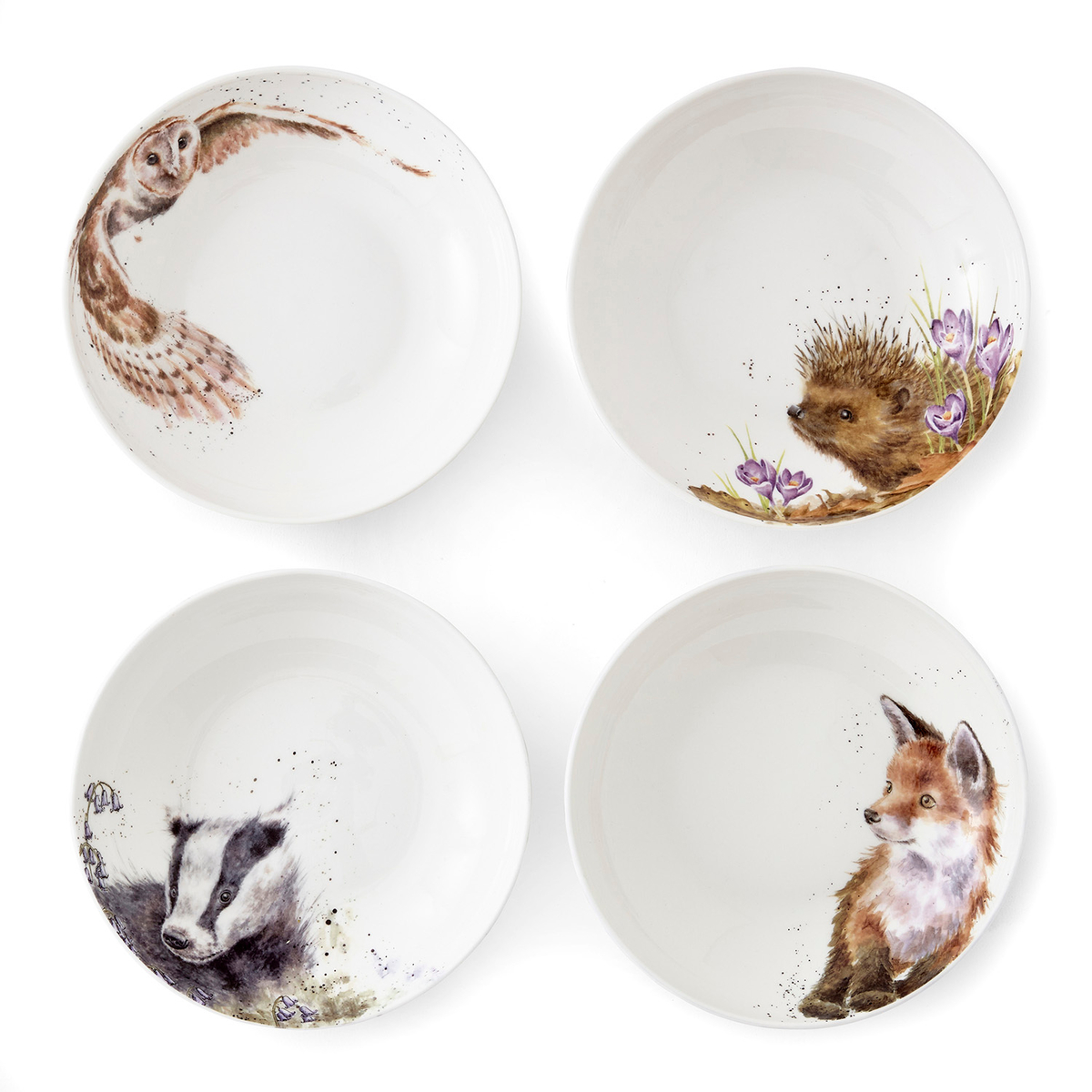 Wrendale Designs Pasta Bowls S/4 Assorted. Badger, Hedgehog, Fox, Owl image number null